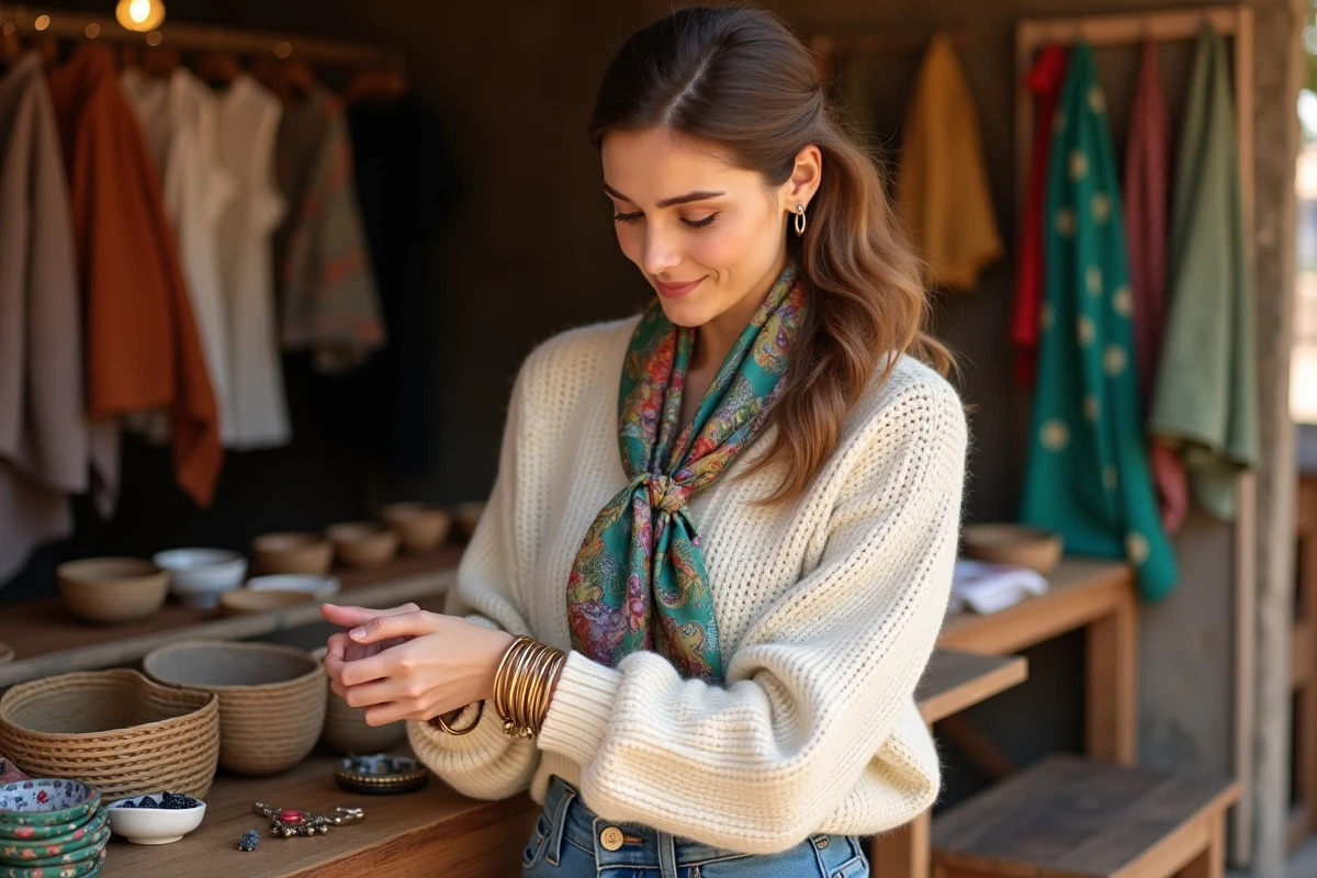 Femme parcourant un marché et portant un foulard en soie coloré et des bracelets dorés empilés avec un pull en maille crème