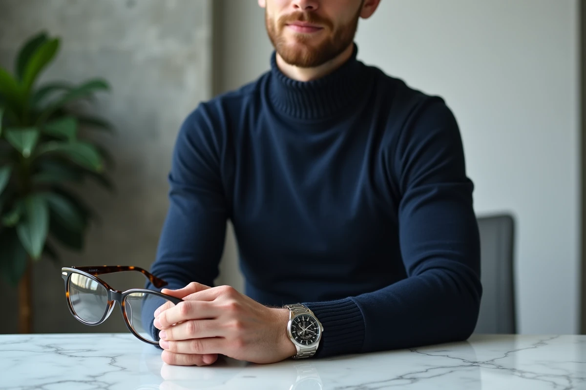 Homme élégant en pull col roulé marine avec une montre argentée et des lunettes écaille posées sur un bureau en marbre dans un intérieur moderne