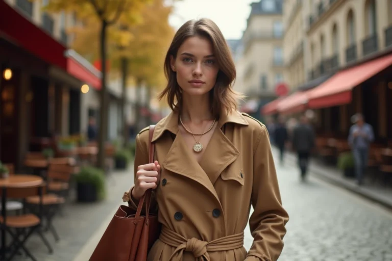 Femme élégante portant un trench camel, un collier en or et un sac en cuir cognac dans une rue pavée parisienne en automne