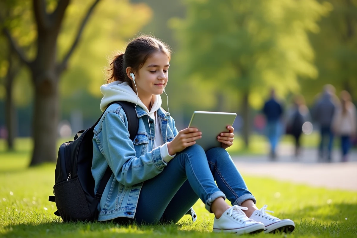 Adolescente écoutant la radio en ligne sur une tablette assise dans un parc verdoyant avec des écouteurs