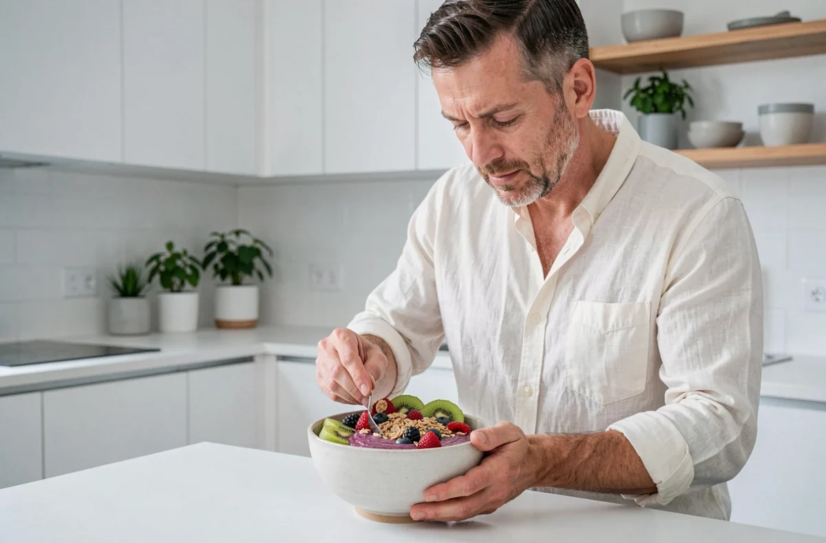 Homme préparant un bol de smoothie coloré et sain dans une cuisine moderne au style scandinave, illustration d'une alimentation équilibrée et d'un mode de vie bien-être au quotidien