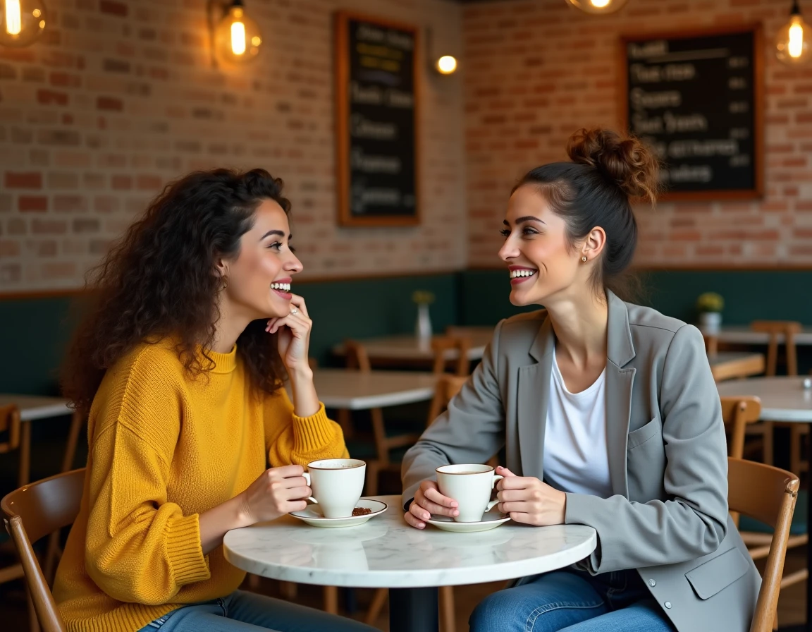 Deux amies riant autour d'un café dans un bistrot chaleureux, symbole de connexion sociale et de bonheur au quotidien