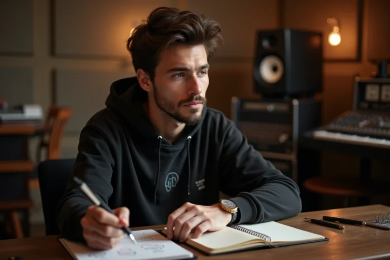 Jeune artiste musical réfléchi dans un studio d'enregistrement, symbolisant un changement d'identité artistique et un nouveau départ