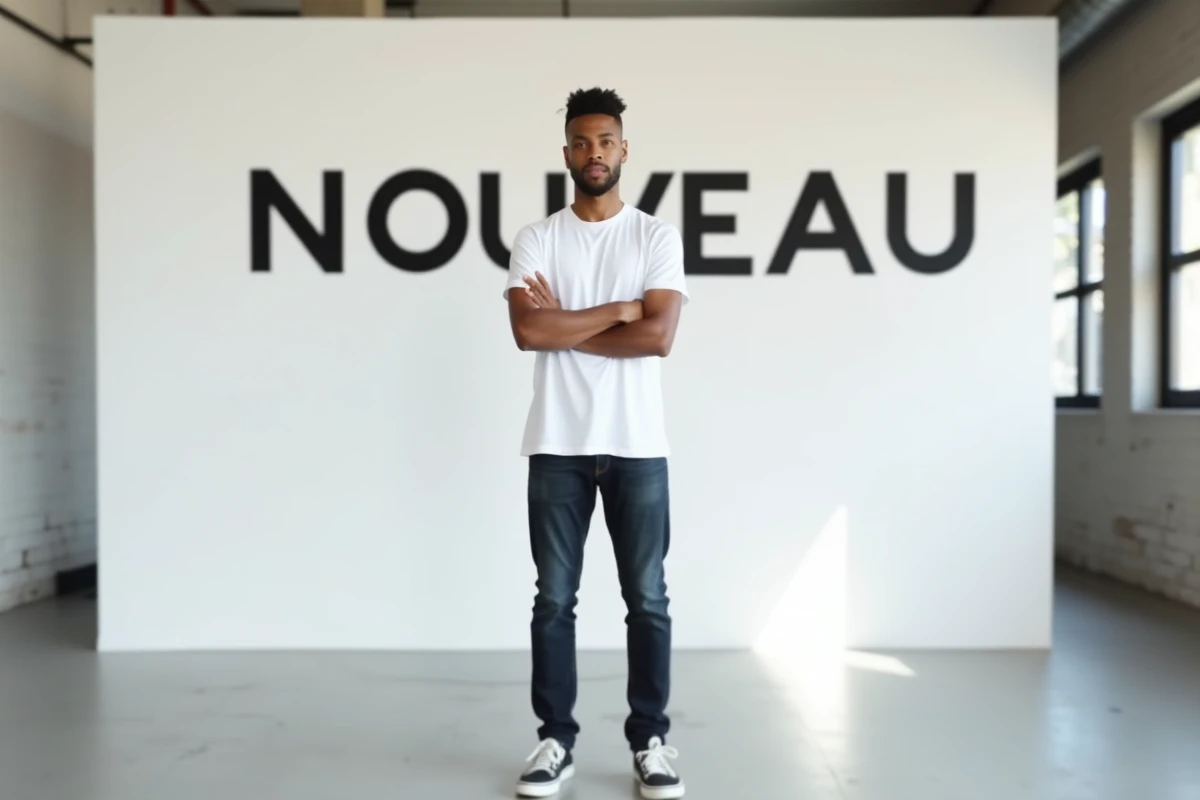 Artiste debout devant un mur blanc avec inscription 'Nouveau', illustrant un rebranding et un changement de nom artistique