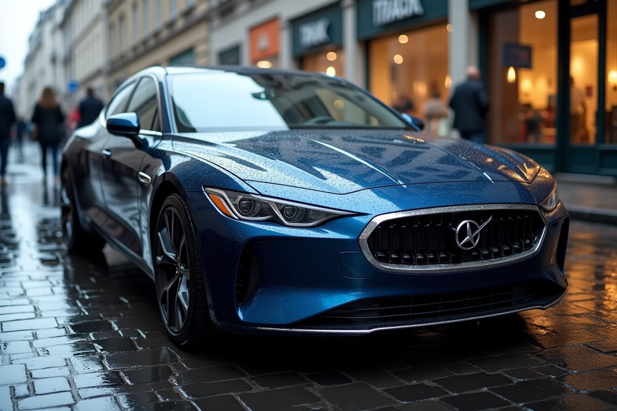 Berline moderne bleue métallisée garée sur une rue pavée urbaine sous la pluie, reflétant les bâtiments de la ville
