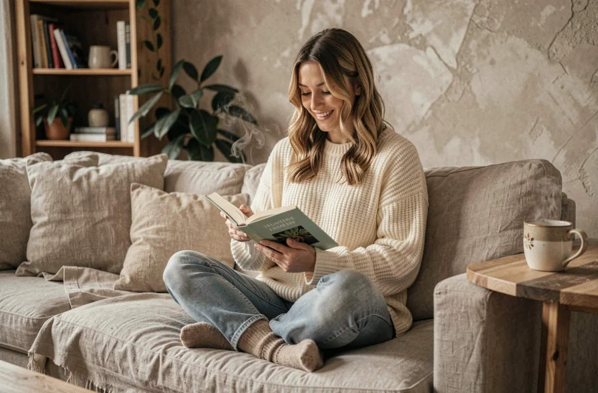 Jeune femme détendue lisant un journal de bien-être sur un canapé en lin avec une tasse de tisane, dans un intérieur cosy et chaleureux inspiré de l'esthétique hygge
