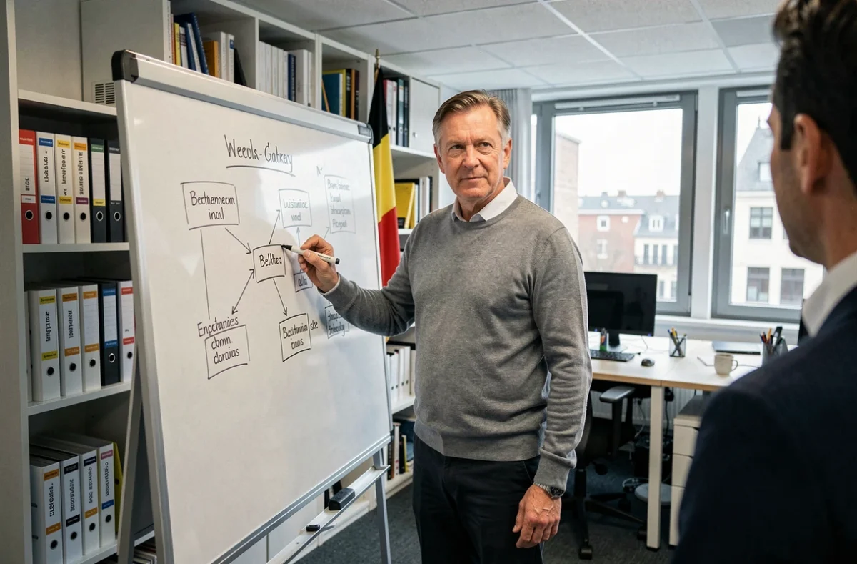 Chef d'entreprise belge présentant un plan d'affaires sur un tableau blanc dans un bureau de startup