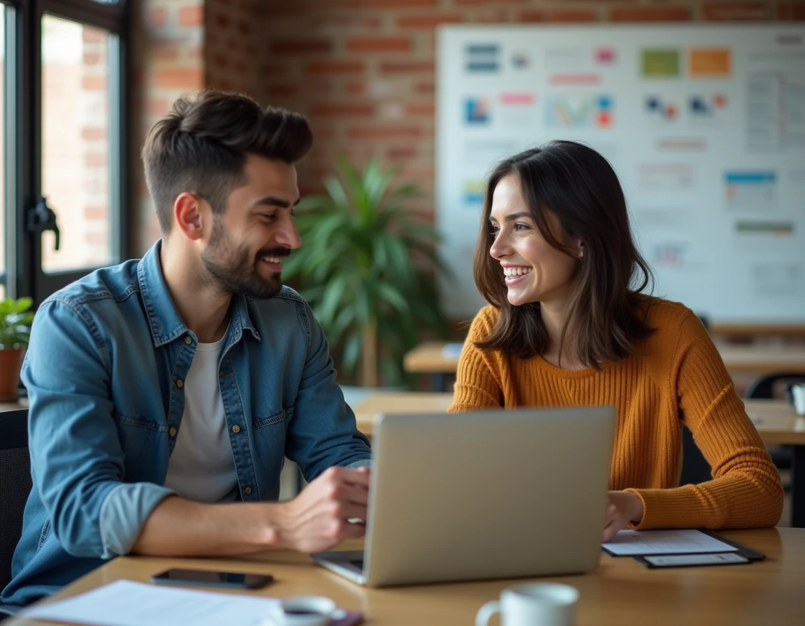 Deux professionnels collaborant sur des outils web et des analyses SEO dans un espace de coworking moderne