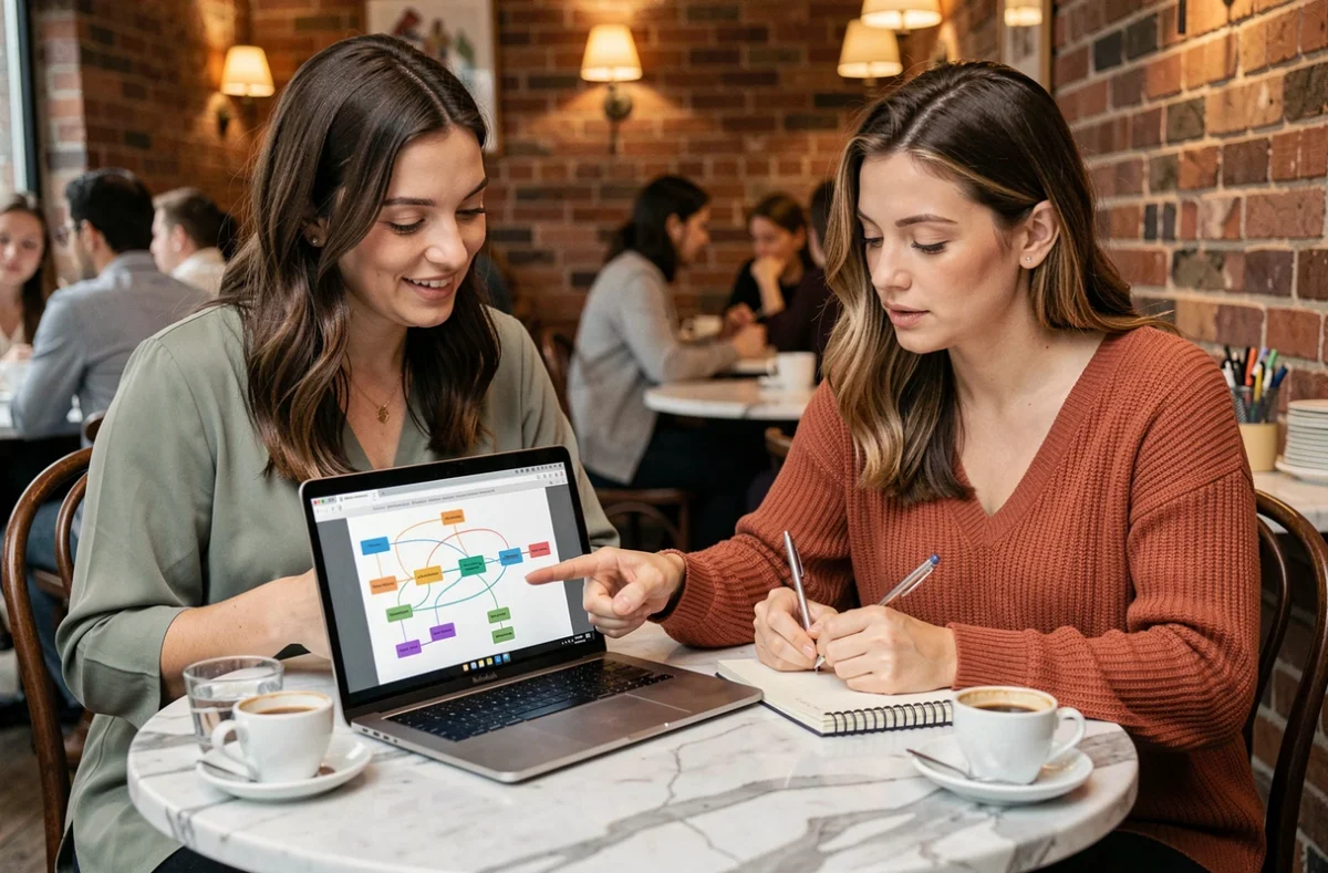 Deux femmes collaborant sur la structure et le sitemap d'un site web dans un café moderne