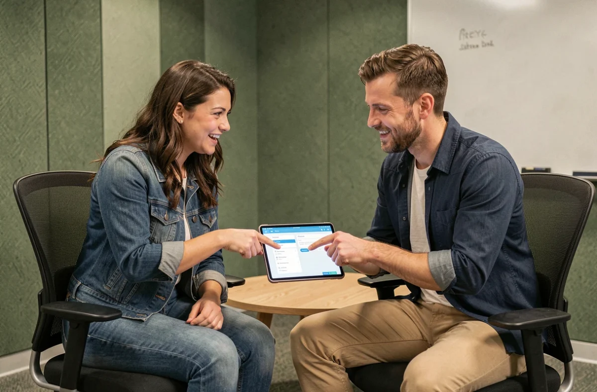 Deux collègues collaborant sur une tablette pour évaluer l'ergonomie et la navigation d'une interface utilisateur dans un espace de travail moderne