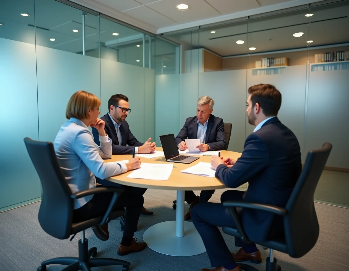 Consultation juridique entre héritiers autour d'une table de réunion dans un cabinet d'avocats, discutant de l'article 924-4 du code civil et des droits à la réduction