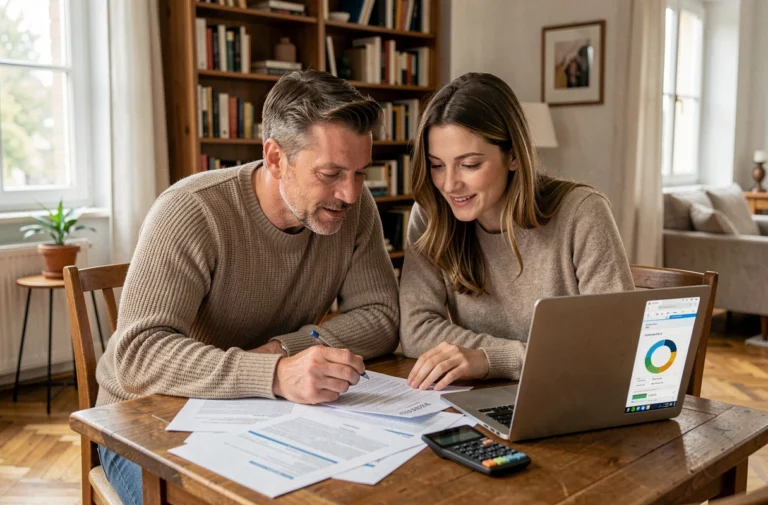 Couple examinant des documents de crédit immobilier sur une table en bois dans un appartement moderne