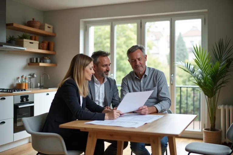 Couple français discutant de plans immobiliers dans une cuisine moderne
