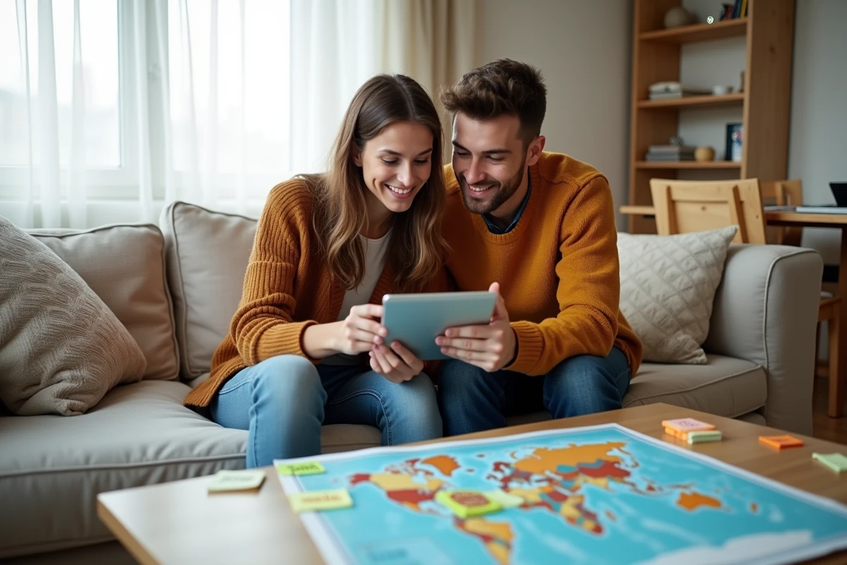 Couple planifiant un voyage ensemble sur une tablette entouré de brochures et d'une carte du monde