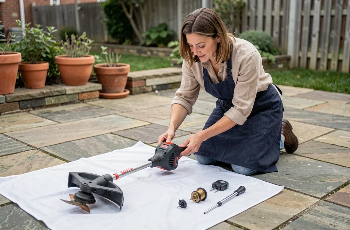 Femme démontant la tête de bobine d'un coupe-bordure Bosch sur une terrasse en pierre pour remplacer le fil