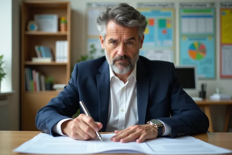Professeur d'âge moyen signant des documents dans un bureau moderne