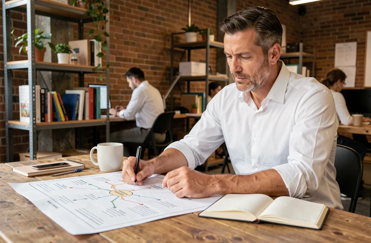 Entrepreneur analysant une feuille de route stratégique pour développer son entreprise dans un espace de coworking