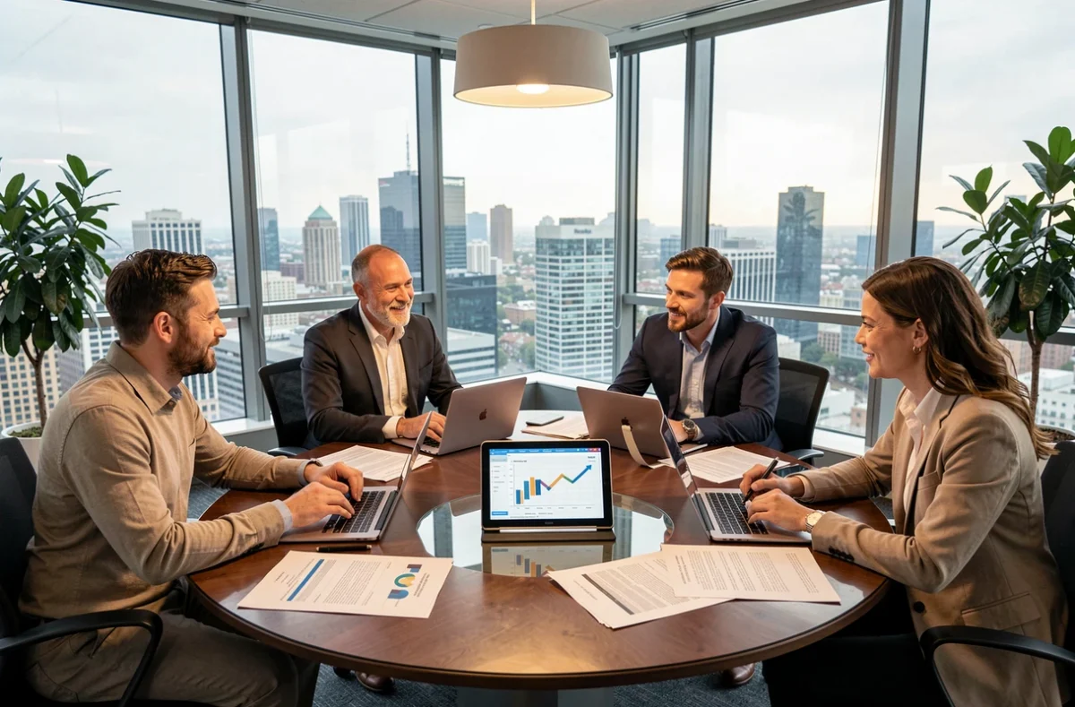 Équipe de professionnels collaborant autour d'une table de réunion pour élaborer des stratégies de croissance d'entreprise