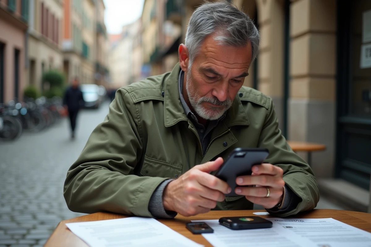Homme examinant un étui bloquant les signaux et les composants d'un smartphone à une table de café en plein air