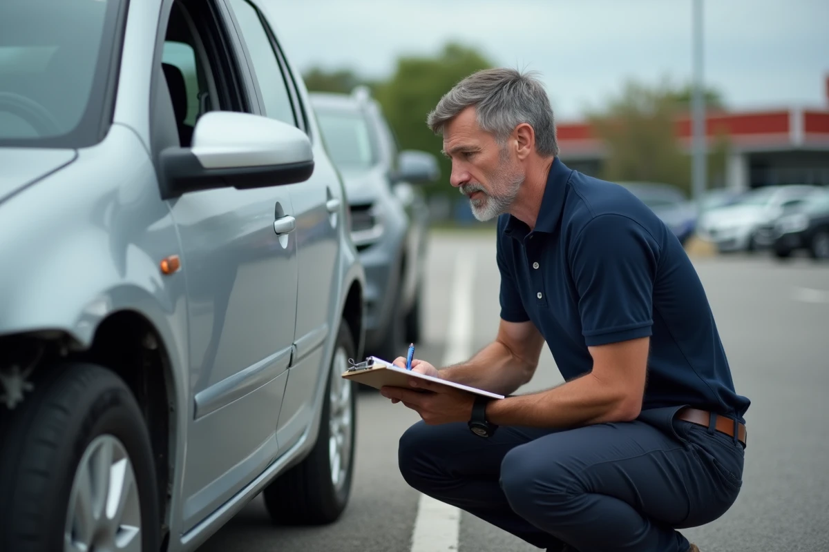 Expert en assurance automobile examinant les dégâts d'un choc latéral sur une portière de voiture dans un parking