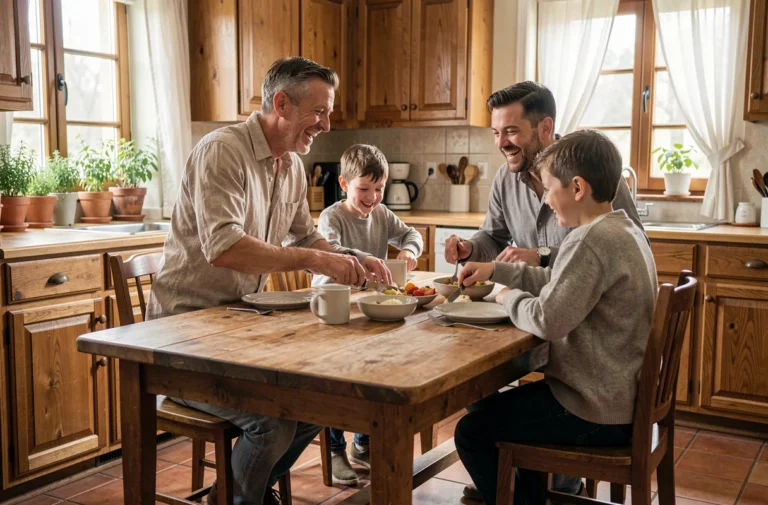 Famille heureuse réunie autour d'une grande table en bois dans une cuisine authentique pour un petit-déjeuner dominical convivial