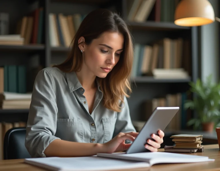 Femme lisant les actualités du jour sur une tablette numérique dans un bureau moderne