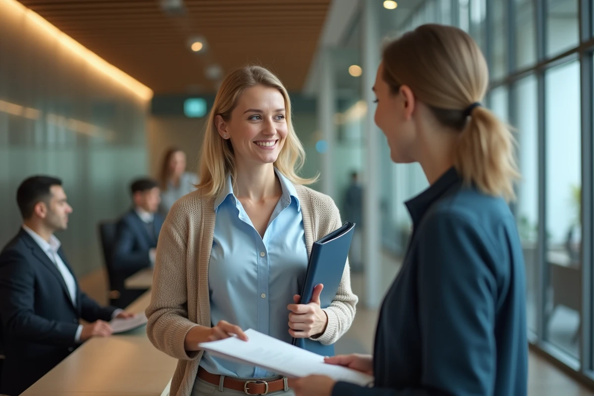 Femme discutant avec un conseiller bancaire dans une agence moderne