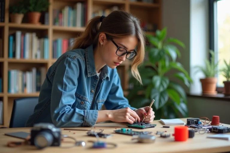 Jeune femme en denim assemble un projet Arduino dans un salon lumineux
