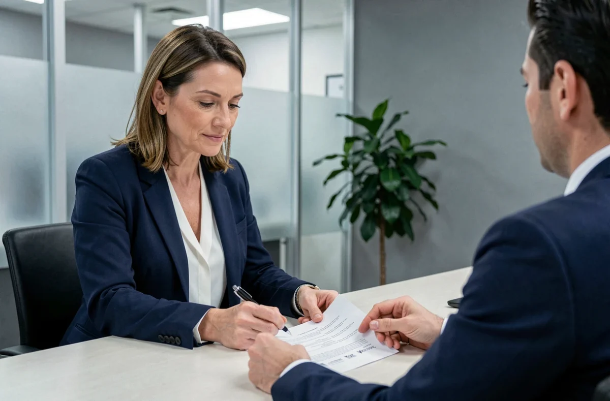 Femme consultant un conseiller bancaire pour un prêt immobilier dans une agence moderne