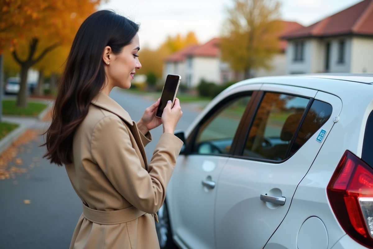 Femme photographiant les dégâts d'un accrochage latéral sur sa voiture dans une rue résidentielle pour déclarer un sinistre