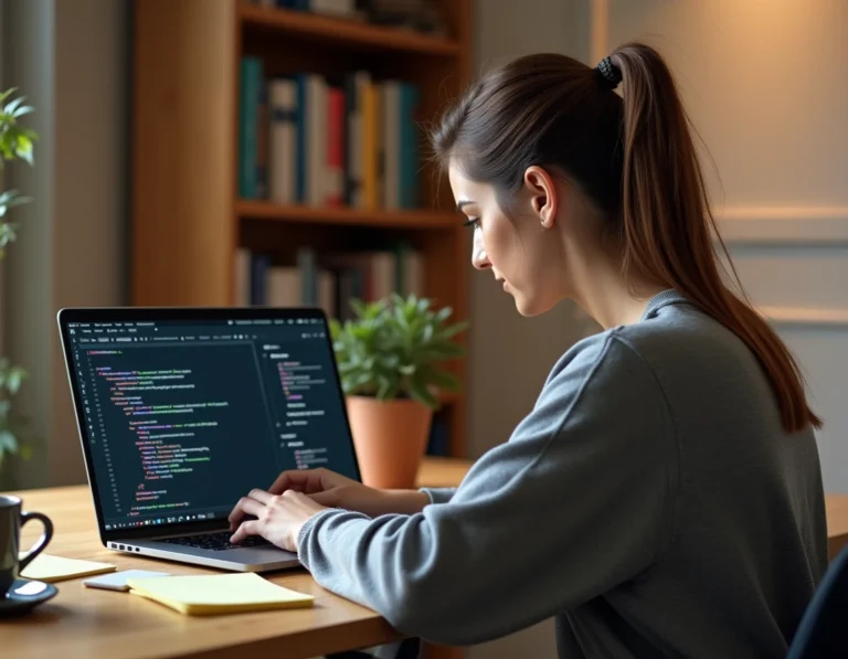 Femme développeuse web consultant des outils de code HTML et CSS sur son ordinateur portable dans un bureau moderne en 2024