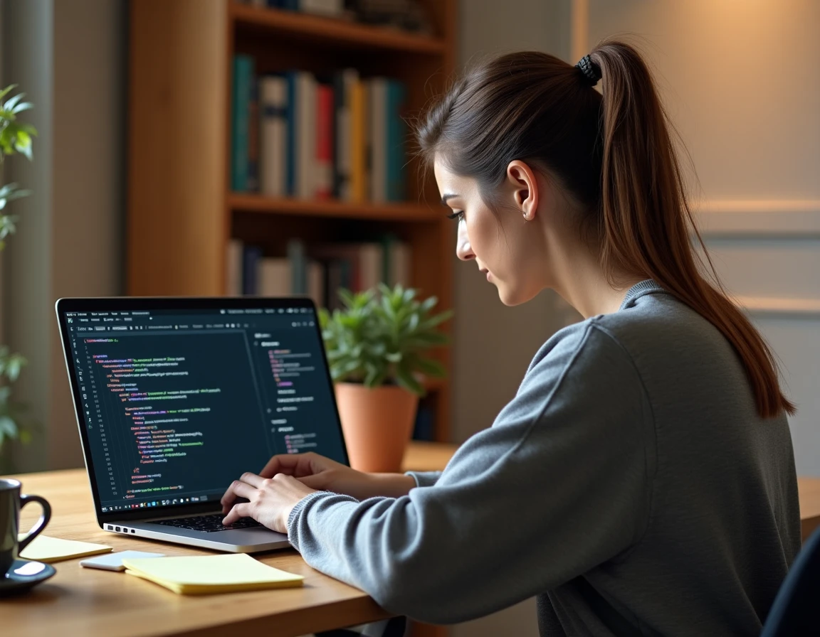 Femme développeuse web consultant des outils de code HTML et CSS sur son ordinateur portable dans un bureau moderne en 2024