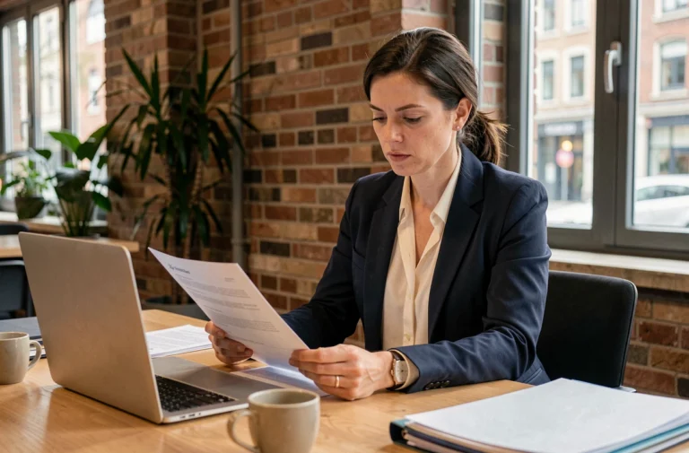 Femme entrepreneur belge en blazer marine examinant des documents de création d'entreprise dans un espace de coworking à Bruxelles