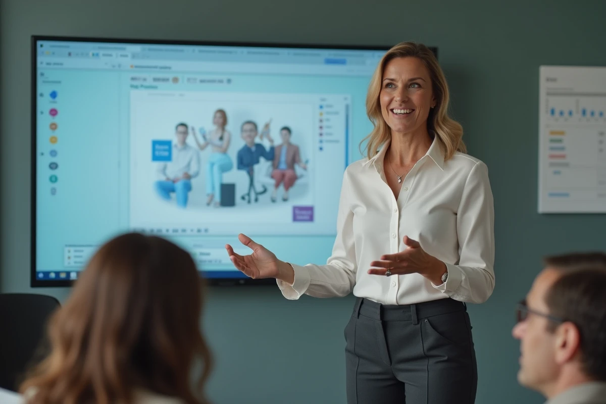 Femme confiante donnant formation en salle moderne