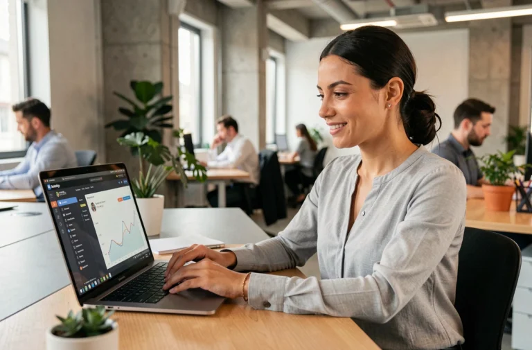 Femme utilisant une interface numérique ergonomique sur un ordinateur portable dans un bureau moderne, illustrant une expérience utilisateur fluide