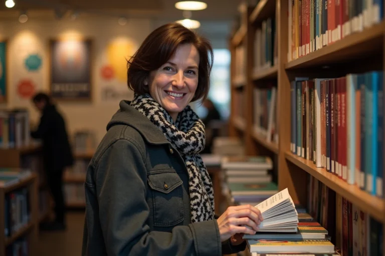 Femme souriante arrangeant des livres dans une bibliothèque parisienne