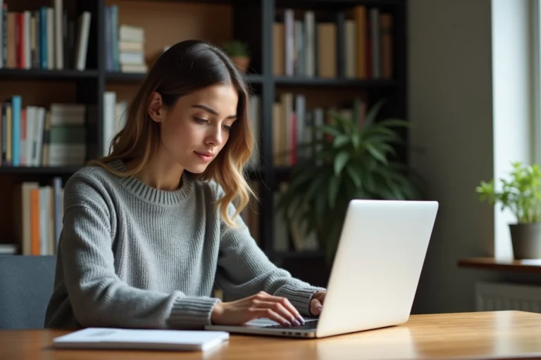 Femme utilisant un ordinateur portable pour accéder à des contenus numériques légaux sur une plateforme en ligne