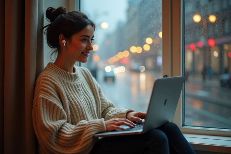 Femme écoutant la radio en ligne sur son ordinateur portable près d'une fenêtre pluvieuse avec des écouteurs sans fil