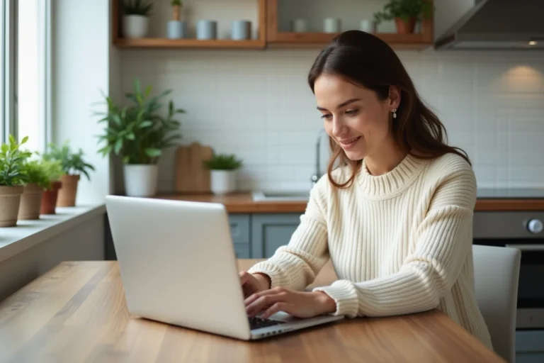 Femme en intérieur recherchant immobilier sur son ordinateur