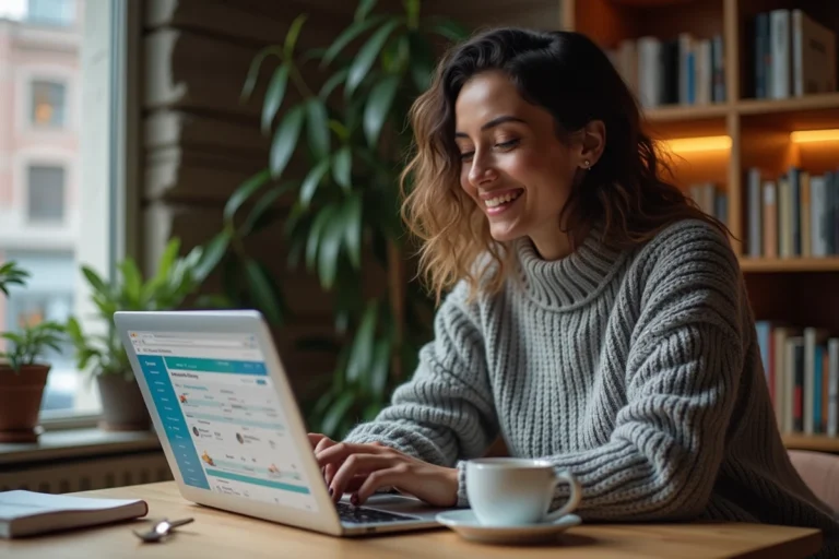 Femme recherchant des offres de voyage en ligne sur son ordinateur portable depuis un bureau à domicile