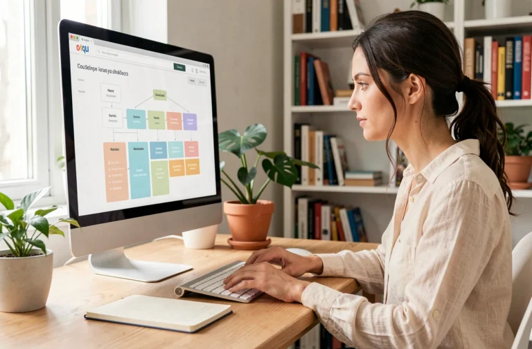 Femme travaillant sur l'architecture d'un site web féminin devant un écran affichant un sitemap coloré