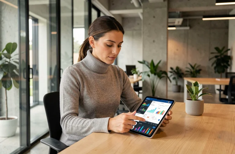 Femme professionnelle consultant des tableaux de bord numériques sur une tablette dans un bureau moderne, illustrant les tendances du numérique