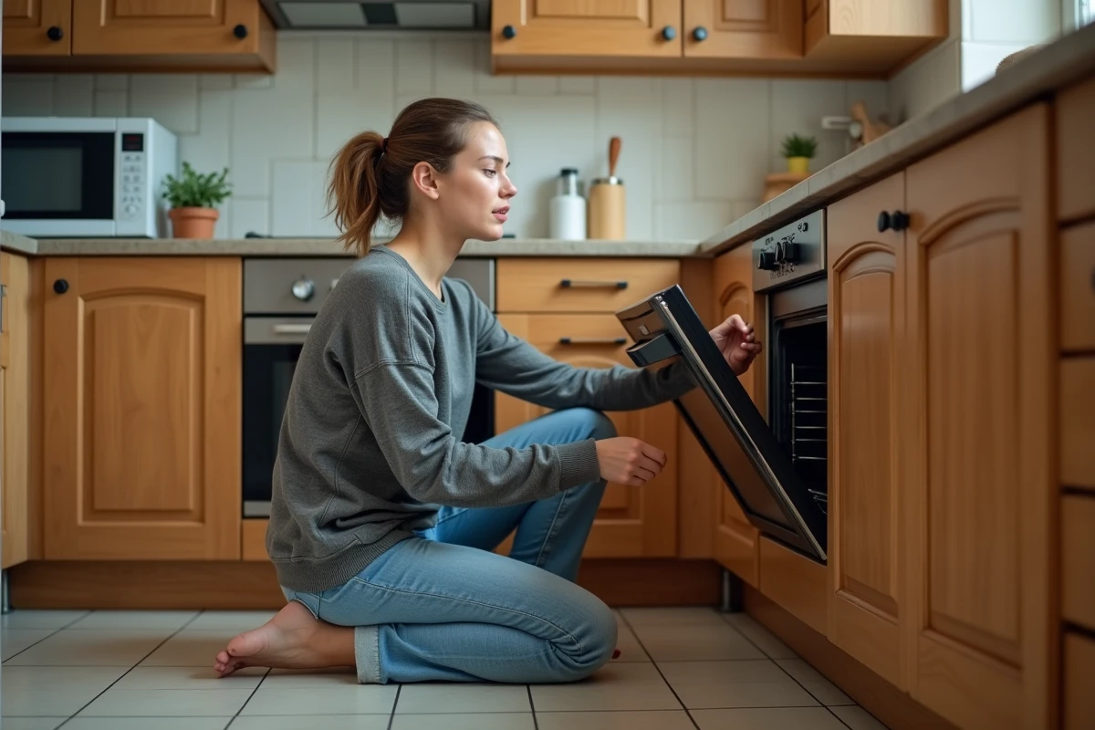 Jeune femme vérifiant le four dans une cuisine ancienne