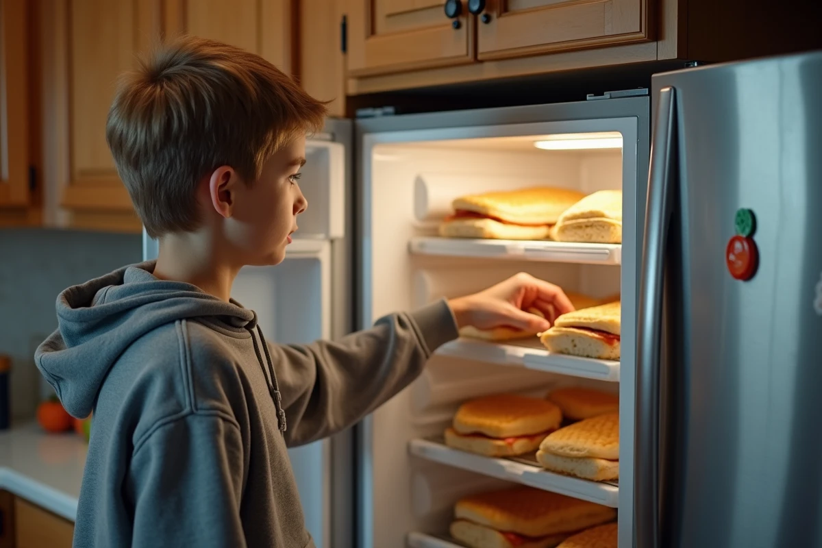 Adolescent prenant un sandwich dans le congélateur