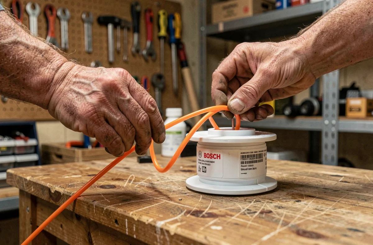 Gros plan sur des mains enroulant un fil nylon dans la bobine de remplacement d'un coupe-bordure Bosch dans un atelier de jardin