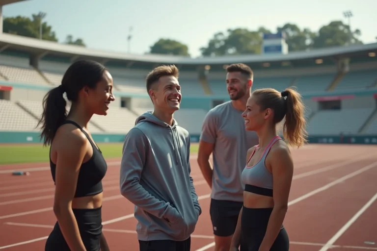 Groupe d'athletes souriants sur une piste d'athlétisme