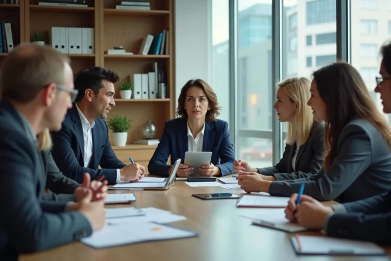 Groupe divers en réunion de travail en entreprise