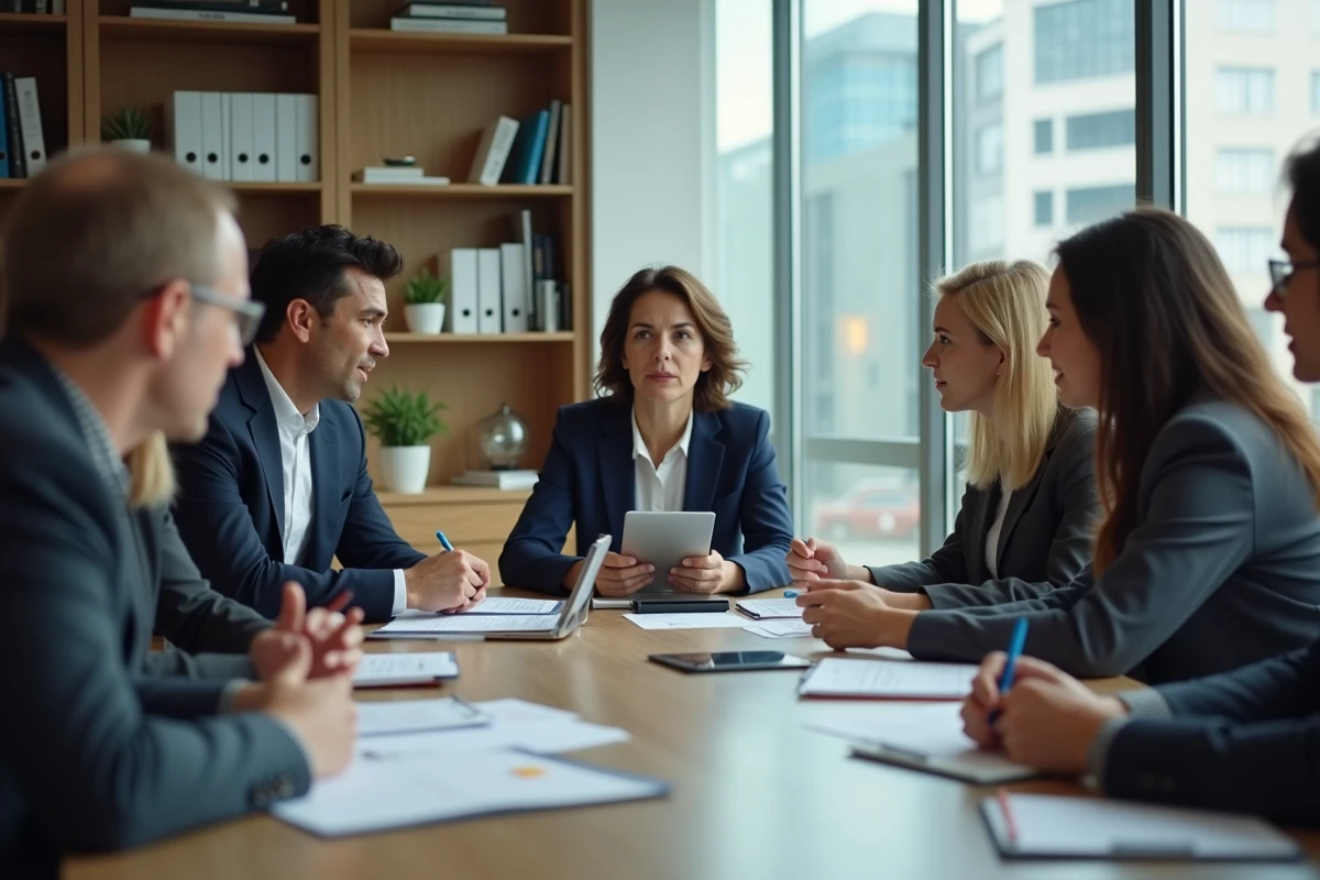 Groupe divers en réunion de travail en entreprise