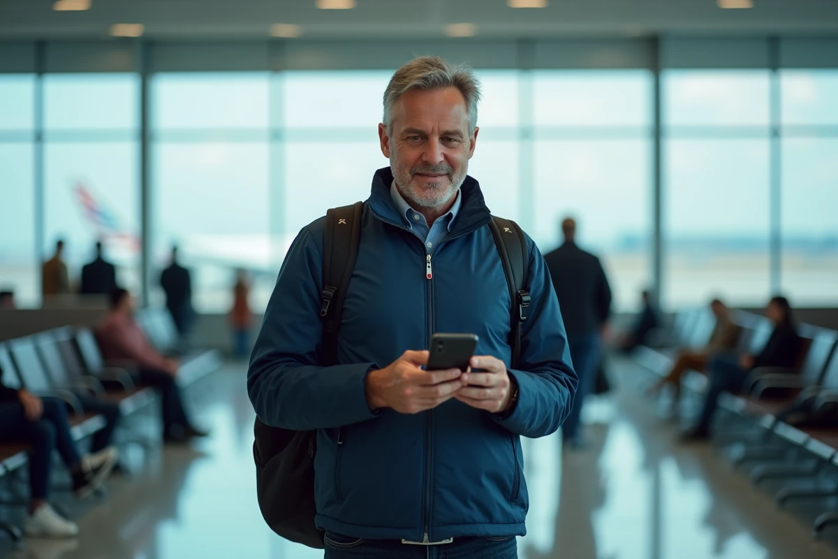 Homme consultant une application de bons plans voyage sur son smartphone dans un aéroport