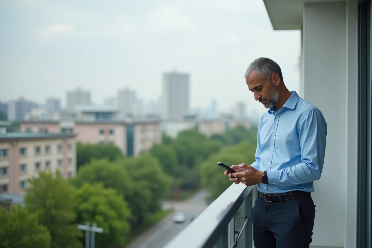 Homme sur balcon contemplant la ville et son logement